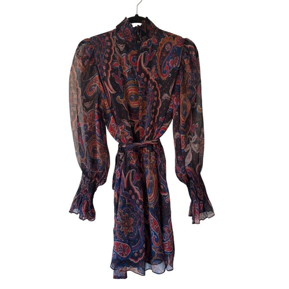 Zara Chiffon Paisley Printed Mini Dress With Belted Waist & Long Sleeves - Picture 4 of 12